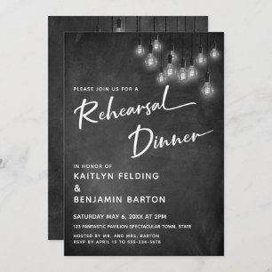 Chalkboard Edison Lights Modern Rehearsal Dinner Invitation