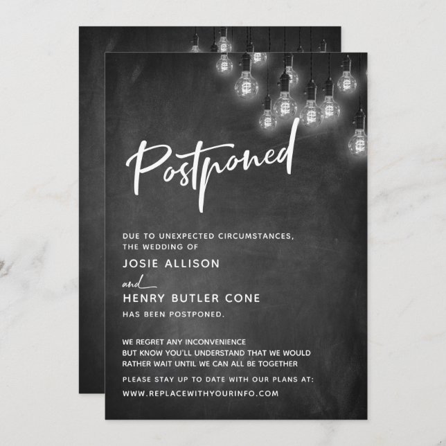 Chalkboard Edison Lights Postponed Wedding Invitation (Front/Back)