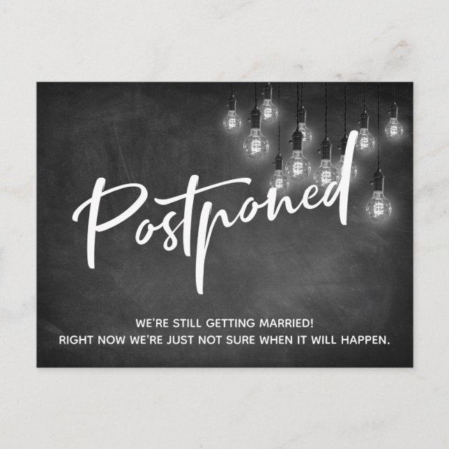Chalkboard Edison Lights Postponed Wedding Postcard (Front)