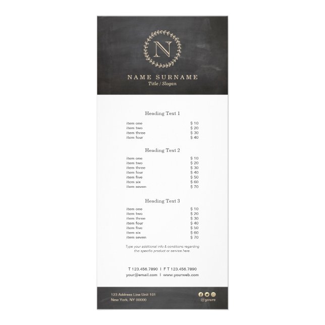 Chalkboard Elegant Chic Cream Ivory Leaf Monogram Rack Card (Front)