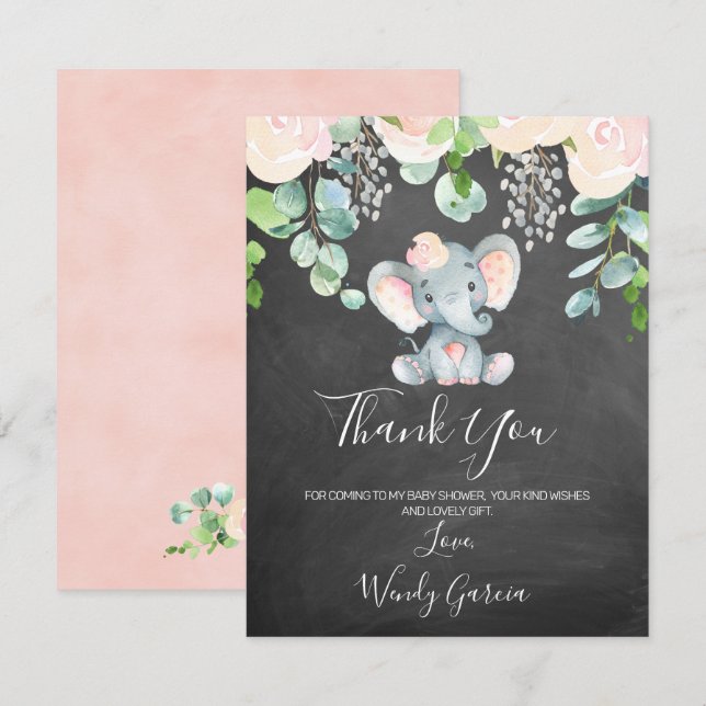 Chalkboard Elephant Baby Shower Thank You Card (Front/Back)