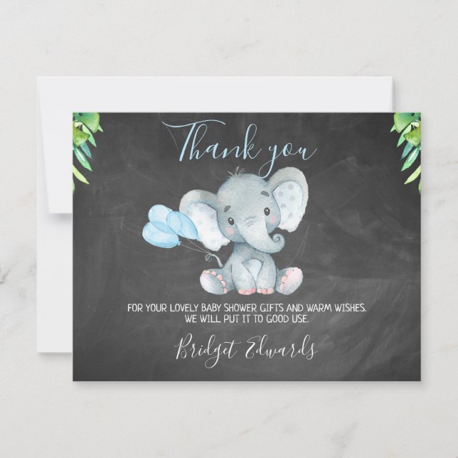Chalkboard Elephant Baby Shower Thank You Card (Front)