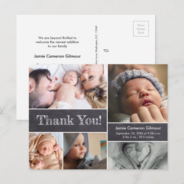 Chalkboard etched thank you text photo collage bir postcard (Front/Back)