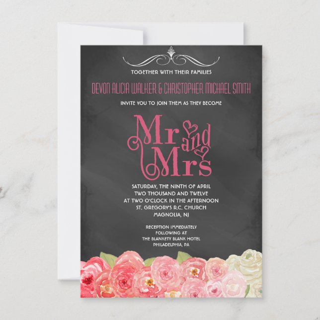 Chalkboard Fall Floral Watercolor Wedding Invite (Front)