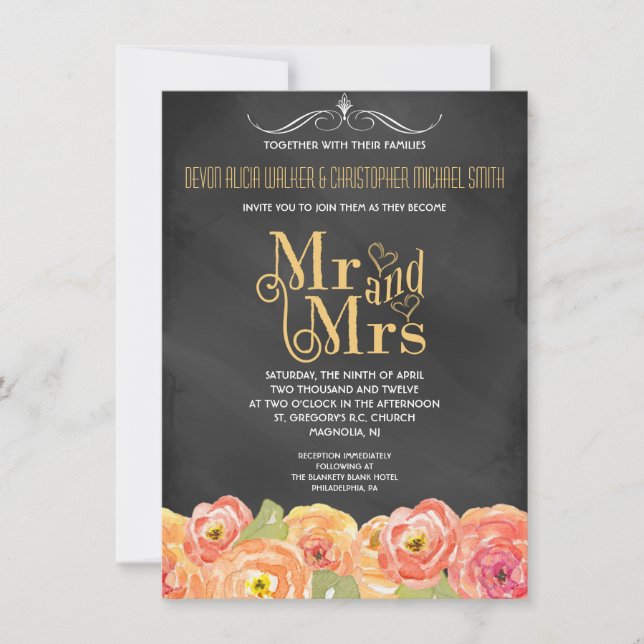 Chalkboard Fall Floral Watercolor Wedding Invite (Front)