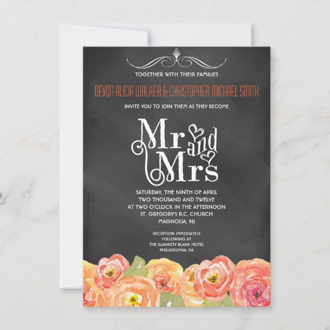 Chalkboard Fall Floral Watercolor Wedding Invite (Front)