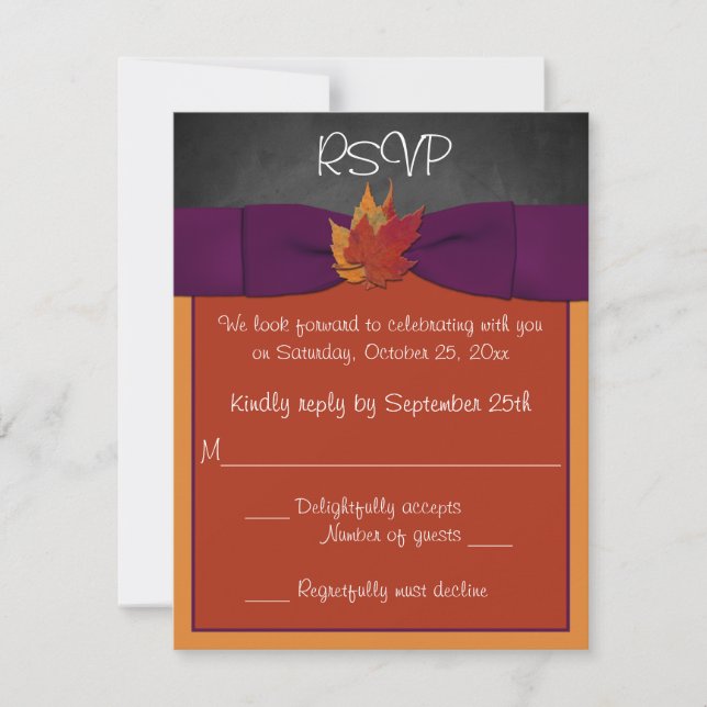 Chalkboard, Fall Leaves Wedding RSVP - Purple Card (Front)