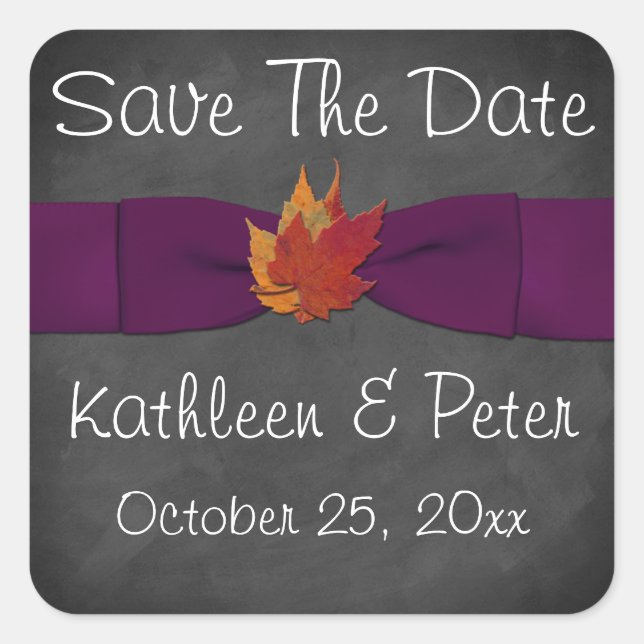 Chalkboard, Fall Leaves Wedding Sticker - Purple (Front)
