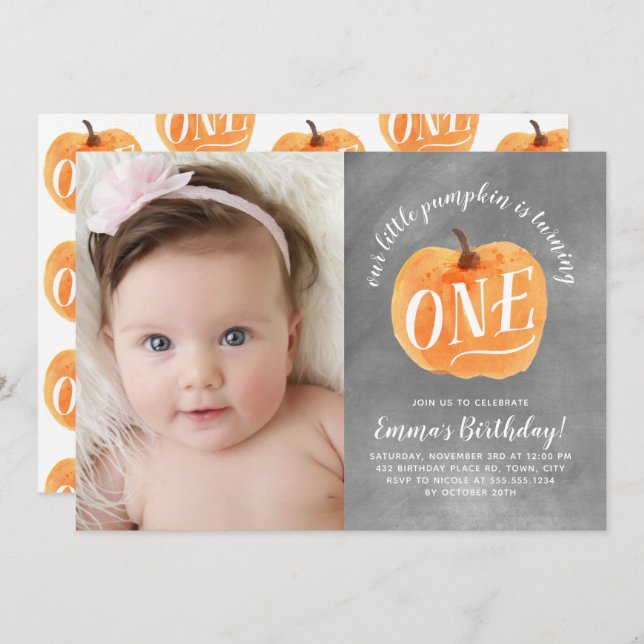 Chalkboard Fall Pumpkin Autumn First Birthday Invitation (Front/Back)
