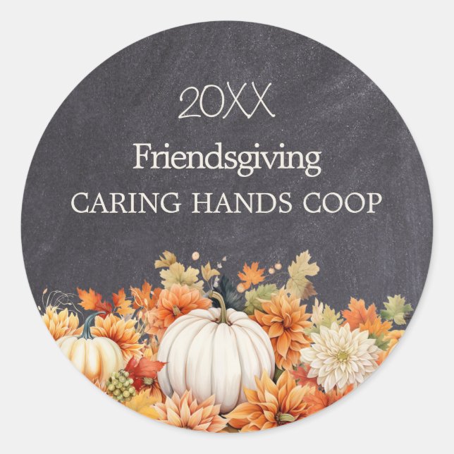 Chalkboard Fall Pumpkin Floral Friendsgiving Year Classic Round Sticker (Front)
