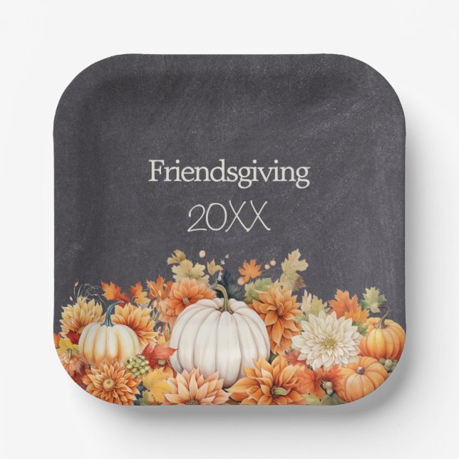 Chalkboard Fall Pumpkin Floral Friendsgiving Year Paper Plate (Front)