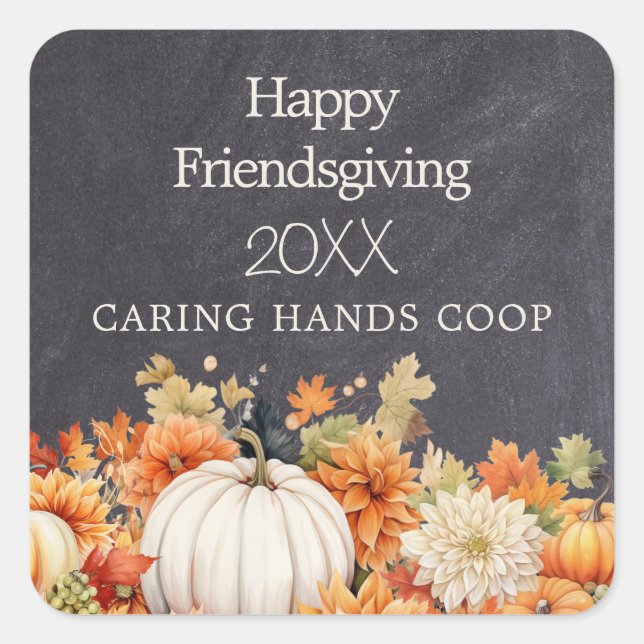 Chalkboard Fall Pumpkin Floral Friendsgiving Year Square Sticker (Front)