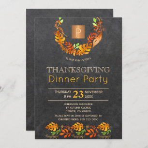 Chalkboard fall wreath monogram thanksgiving party invitation