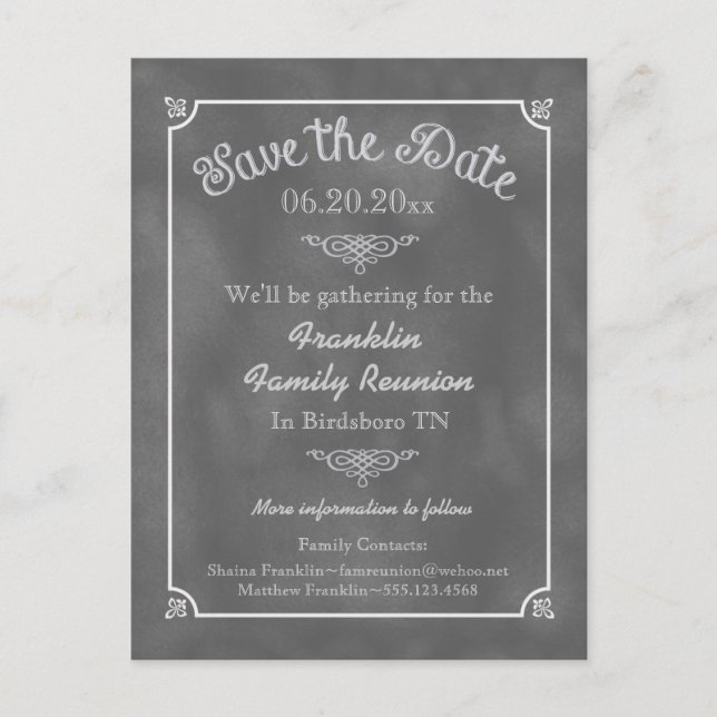 Chalkboard Family Reunion or Party Save the Date Announcement Postcard (Front)