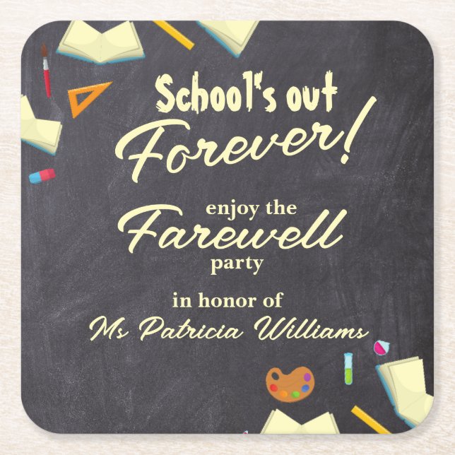 Chalkboard Farewell Retired Teacher Party  Square Paper Coaster (Front)