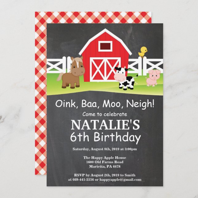 Chalkboard Farm Birthday Invitation Barnyard Party (Front/Back)
