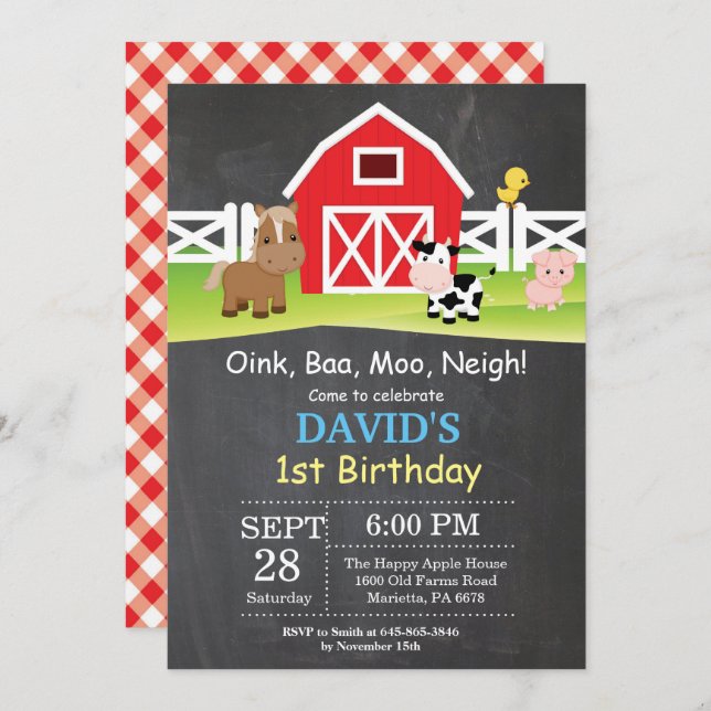 Chalkboard Farm Birthday Invitation Barnyard Party (Front/Back)