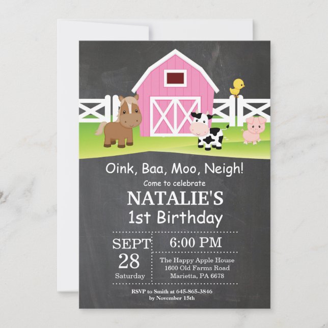 Chalkboard Farm Birthday Invitation Barnyard Party (Front)