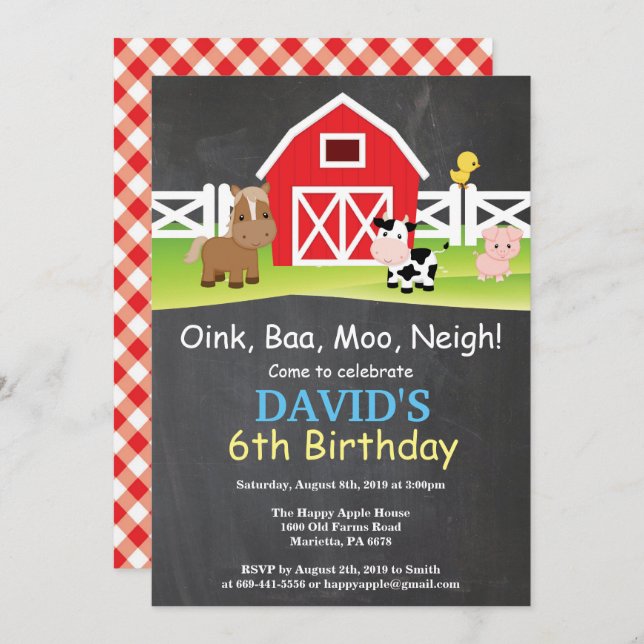 Chalkboard Farm Birthday Invitation Barnyard Party (Front/Back)
