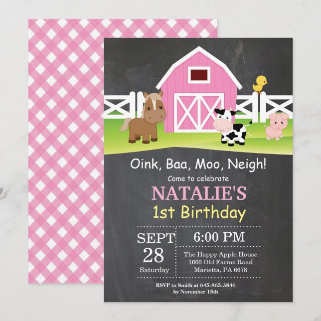 Chalkboard Farm Birthday Invitation Barnyard Party (Front/Back)