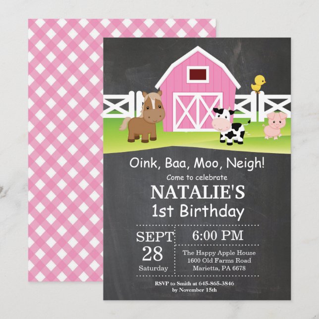Chalkboard Farm Birthday Invitation Barnyard Party (Front/Back)
