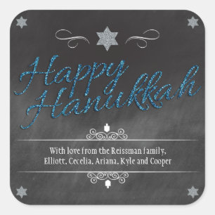 Chalkboard Faux BlueGlitter Hanukkah Square Sticker