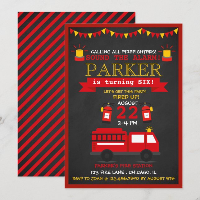 Chalkboard Fire Fighter Birthday Party Invitation (Front/Back)