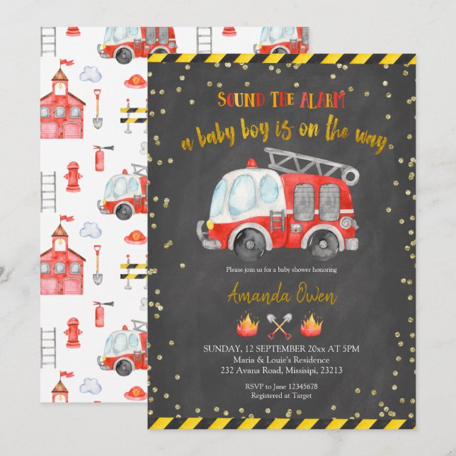 Chalkboard Firefighter Boy Baby Shower Invitation (Front/Back)