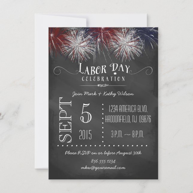 Chalkboard Fireworks Labour Day Party Invitation (Front)