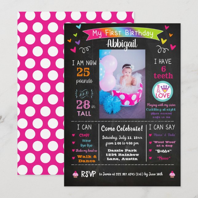 Chalkboard First Birthday Milestones Rainbow Invitation (Front/Back)