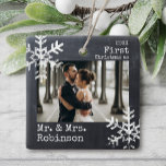 Chalkboard First Christmas Mr. & Mrs. Custom Photo Ceramic Ornament<br><div class="desc">Customise this ornament with your wedding photo and add your last name along with the year for this great Christmas keepsake.</div>