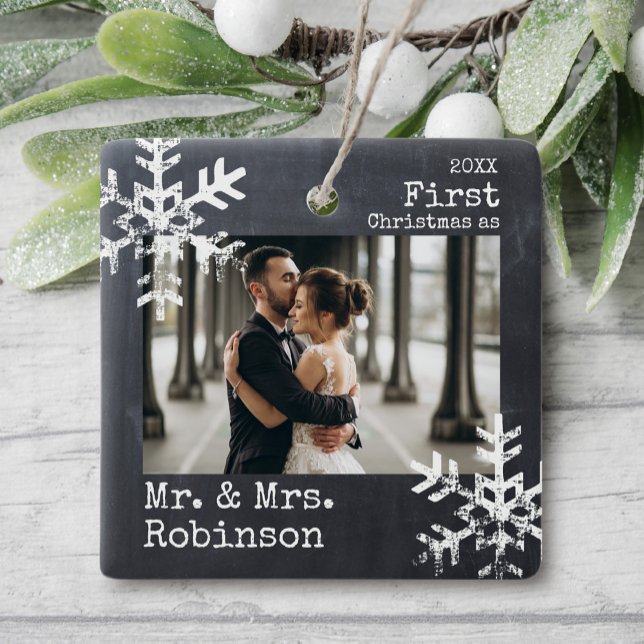 Chalkboard First Christmas Mr. & Mrs. Custom Photo Ceramic Ornament (Rustic snowflake newlywed holiday keepsake photo ornament perfect for gifts to bring joy to others.)