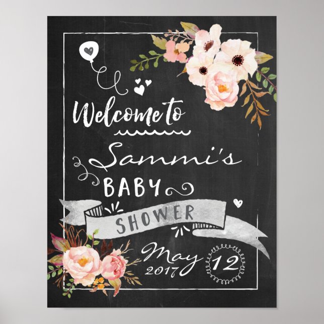 Chalkboard Floral Baby Shower Welcome Sign (Front)
