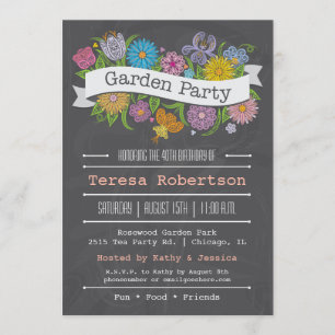 Chalkboard Floral Banner Garden Party Invitation
