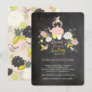 Chalkboard Floral Blooms Bird Bridal Shower Invite