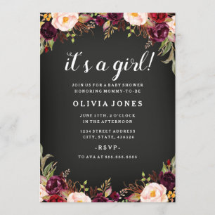 Chalkboard Floral Burgundy Baby Shower Invitation