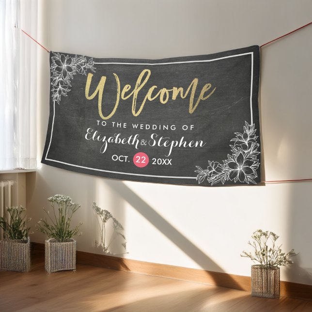 Chalkboard Floral Chic Gold Script Wedding Welcome Banner (Creator Uploaded)
