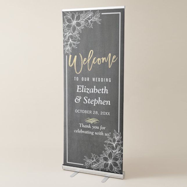 Chalkboard Floral Chic Gold Script Wedding Welcome Retractable Banner (3/4)