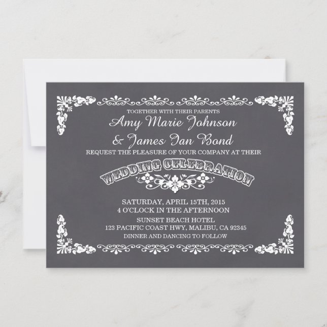 Chalkboard floral damask wedding invites deco3 (Front)