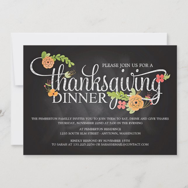 Chalkboard Floral Elegant Thanksgiving Dinner Invitation (Front)