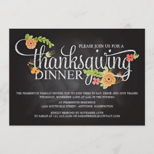 Chalkboard Floral Elegant Thanksgiving Dinner Invitation