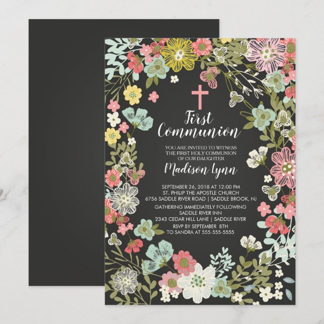 Chalkboard Floral First Holy Communion Invitation (Front/Back)
