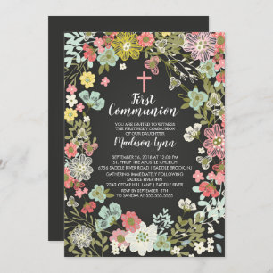 Chalkboard Floral First Holy Communion Invitation