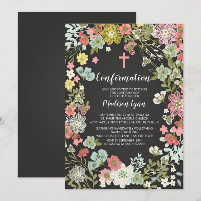 Chalkboard Floral Floral Confirmation Invitation (Front/Back)