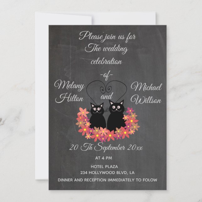 Chalkboard floral funny cute cat couple wedding invitation (Front)
