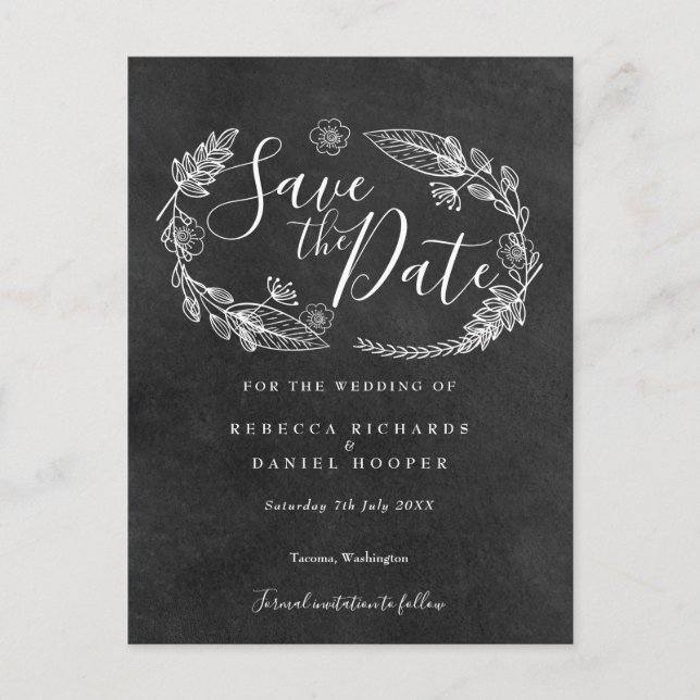 Chalkboard Floral Garland Save the Date Announcement Postcard (Front)