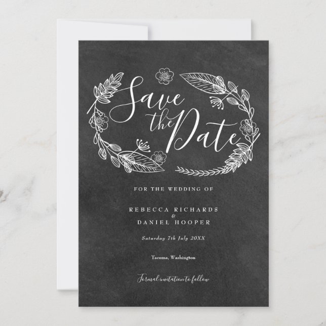 Chalkboard Floral Garland Save the Date Invitation (Front)