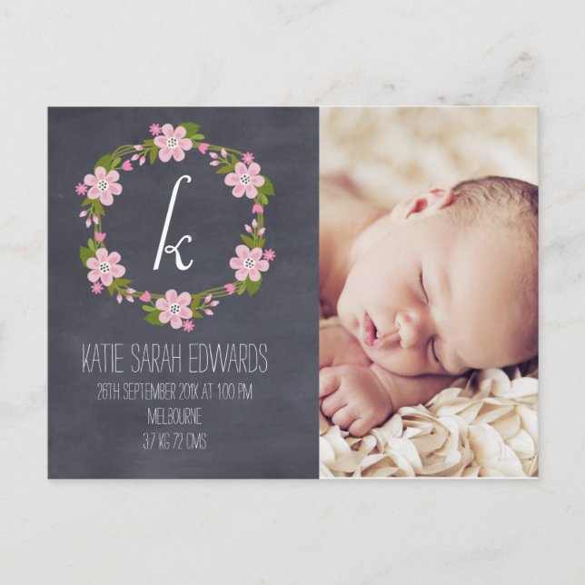 Chalkboard Floral Girl Baby Announcement Postcard (Front)