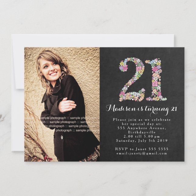 Chalkboard Floral Girls 21st Birthday Party Invite (Front)