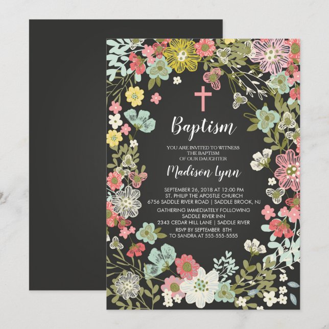 Chalkboard Floral GIRLS Baptism Invitation (Front/Back)